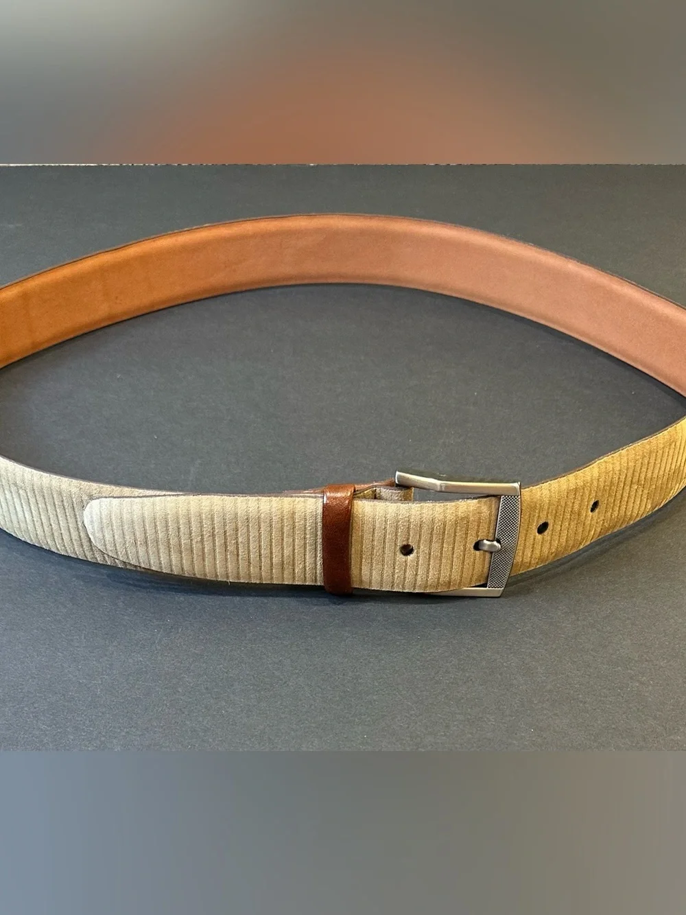 VTG 1990s Fullum & Holt Tan Ribbed Nubuck Leather Belt Gunmetal Buckle 36